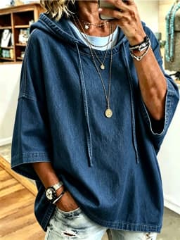 2026 New Denim Hoodie Three Quarter Sleeve Drawstring Loose Casual Pullover Women Streetwear ToP