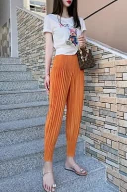 Miyake Pleated Radish Pants Women's Loose Thin Harem Pants Pleated Calf Solid Color Versatile Simple Oversized with Elasticity