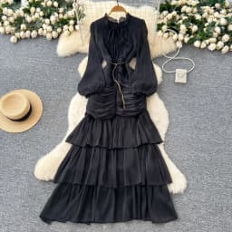 Spliced Lace Dresses Lantern Sleeve Ankle Length Dress Women Solid Party Dress Sexy Wrap Buttocks 2025 Autumn High Waist