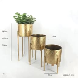 Modern Gold Iron Plant Rack Three-Piece Green Potted Flower Bucket Set Concave Pattern Design Round Flower Pot Holder