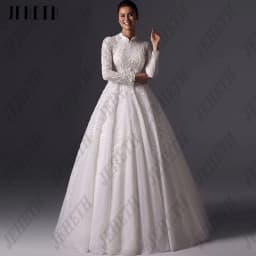 JEHETH Muslim A-line Wedding Dress Satin Wedding Dress High Neck Wrinkle Stickers Full Set Wedding Dress Simple 2025 Customized