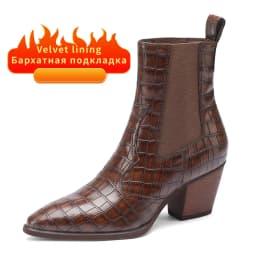 Cowboy Ankle Boots for Women Luxury Cow Split Genuine Leather Block High Heel Elastic Band Short Booties Goth Brown Black Shoes