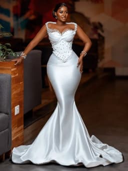 Plus Size African Mermaid Wedding Gown for Bride Long Illusion Sleeves Pearls Aso Ebi Style Bridal Gown Vestido De Novia