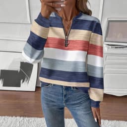 Casual Zipper Hoodie with Regular Fit Mid Length Japanese Korean Casual Digital Print Long Sleeve Striped Spring Women Hoodie