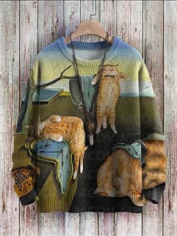 Abstract Art Cat Multicolor Print Casual Pullover Knit Sweater Women For Men Sweater