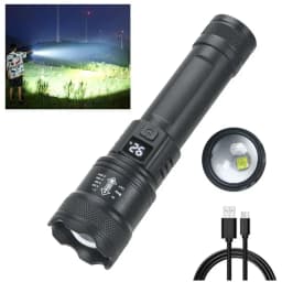 900000LM Powerful LED Flashlight Zoom Torch with Digital Display Portable Type-c Rechargeable Flashlights for Camping Hiking