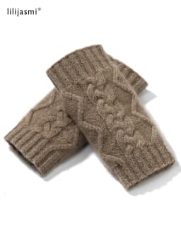 100% Real Cashmere Autumn Winter Thick Cable Gloves Mitten Fingerless Warm Wrist Length Thumb Hole Mitts Classic Female Elegant