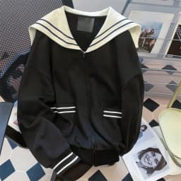 Korean Style Short Navy Collar Sweatshirt Jacket Women's Autumn Winter Fashion Unique Zipper Open Cardigan Top Hmke Brand