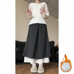 Slimming Effect Fleece Lined Lace Trim Wide Leg Pants Women's Autumn Winter Thickened Drapey Faux Wrap Skirt Pants Casual Wear