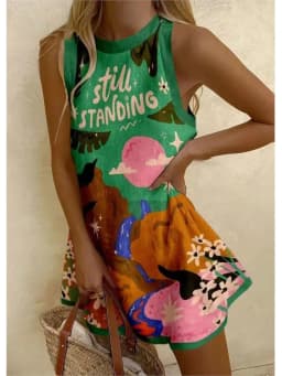 2025 Summer Casual print loose mini Dresses For Woman Fashion Beach Marine elements Dress o-neck Sleeveless party Dress