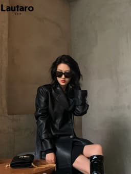 Lautaro Spring Autumn Long Black Soft Pu Leather Trench Coat for Women Belt Double Breasted Cool Handsome European Fashion 2022
