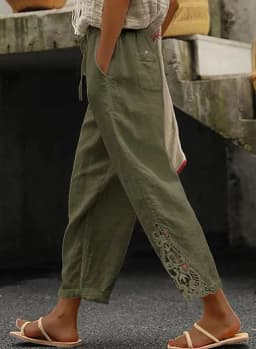 2026 Women's Pants Elastic Waist Solid Color Lace Spliced Drawstring Pocket Simple Fashion Basic Casual 9-point Pants