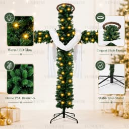 150/180cm Cross Shaped Christmas Tree Pre Lit Warm LED Lights Artificial PVC Xmas Tree Religious Holiday Home Outdoor Decoration