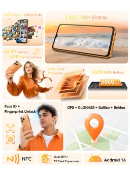 Smartphone Android 16 Cubot A50, 6.58-inch FHD+ Screen, Octa-core, 16GB(6+10) RAM, 128GB ROM, 5000mAh Battery, 48MP+16MP Cam,NFC