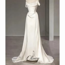 OLOEY Customized Minimal Off The Shoulder Satin Bridal Gown Mermaid Short Sleeve Korea Wedding Dress Photo Shoot Lawn Wedding