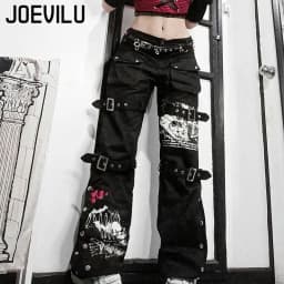 Y2K Metal Button High Waisted Straight Leg Jeans Drop Crotch Print Streetwear Pants Hip Hop Cargo Denim Trousers for Women