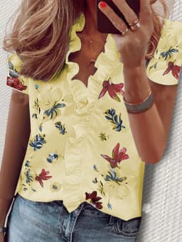 Casual Short Sleeve V Neck Ruffles Blouses Elegant Office Lady Shirts Summer Vintage Harajuku Loose Tops Female Boho Tunic