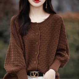 Women's 100% Cotton Sweater Round Collar Bat Sleeve Cardigan Autumn Winter Checkerboard Grid Warm Jacket Casual Knit Basic Tops