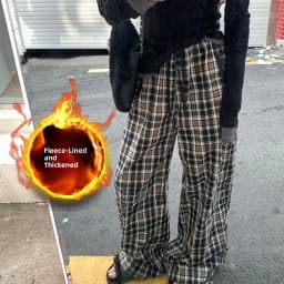 Afashion Lamb Velvet Fleece Lined Thick Plaid Casual Pants Women's Autumn Winter Loose Straight Leg Wide Leg Cotton Sleepwear Tr