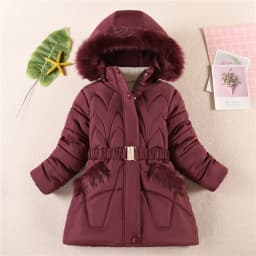 2024 New Winter Keep Warm Girls Jacket Waist Belt Design Detachable Hat Lining Plush Hooded Heavy Coat For Kids