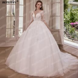 BEPEITHY Customized A Line Glitter Full Sleeves Wedding Dresses 2026 O Neck Court Train Illusion Bride Ivory Beading Bridal Gown