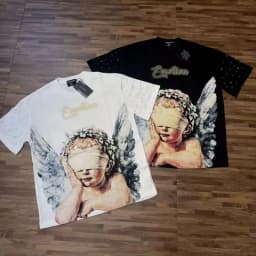Mixed Emotion American Mask Wearing Angel Print Beaded Loose Short Sleeved T-shirt for couples Men Women Tee Tops