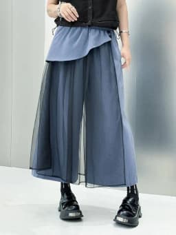 EAM High Elastic Waist Blue Irregular Mesh Spliced Wide Leg Pants New Trousers Women Fashion Tide Autumn 2026 1DJ1338