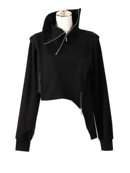 [EAM] Loose Fit Black Zipper Irregular Sweatshirt New Turtleneck Long Sleeve Women Big Size Fashion Spring Autumn 2026 1DE3327