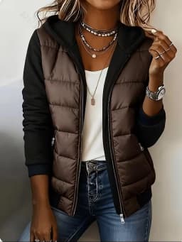 Women's Color Block Hooded Puffer Jacket -Quilted Zip Up Coat with Contrast Sweatshirt Sleeves, Casual Lightweight Winter Outer