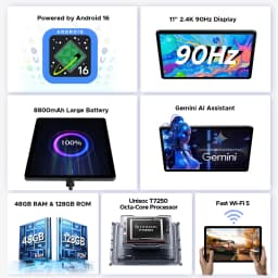 POCKAM P11 Pro Android 16 Tablet, 11" Tablet with Gemini AI, 48GB RAM+128GB ROM, Tablet 2.4K 90Hz, T7250 Octa-Core, 13MP+5MP, 8800mAh, 5G WIFI, Headphone, Tablet with Keyboard, Pen, Mouse-Black
