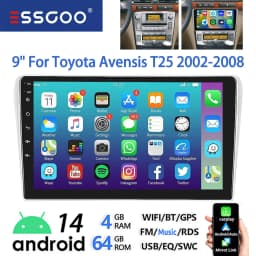 ESSGOO 9" Touchscreen Android14 For Toyota Avensis 02-08 GPS Navi FM Autoradio Wireless Carplay Android Auto GPS Navi BT Wifi FM