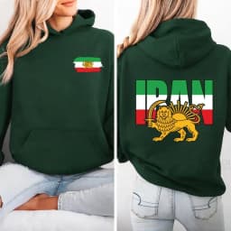 Lion and Sun Iran Sweatshirt Persian Flag Graphic Shirt Shir-o-Khorshid Emblem Iranian Heritage Shirt Patriotic Gifts Front Back