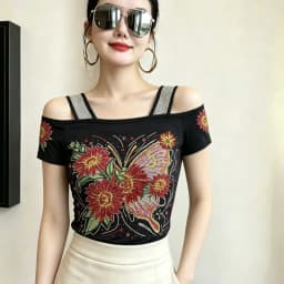 New Designer Hot Diamond Mesh T-Shirt Women Korean Style Sexy Off Shoulder Slim Tee Summer Casual Streetwear Tops