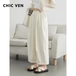 CHIC VEN Fashion Women White Pants Solid Casual Elastic Waist High Waisted Pleated Wide Leg Ladies Trousers Folded Summer 2026