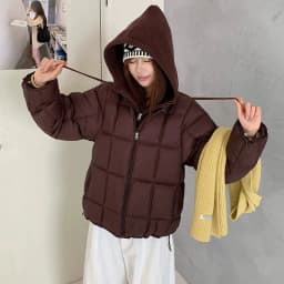 Korean Knit Hood Patchwork Short Puffer Jacket Women Loose Lightweight Warm Padded Parkas Women Solid Color Zipper Winter Jacket