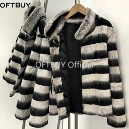 OFTBUY Stand Collar Natural Rabbit Fur Winter Jacket Female New Short Clothes Women Black White Striped Real Rabbit Fur Coat