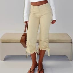 Women American Retro Capri Pants Vintage Drawstring Cuff Pants Solid Color Slim Fit Cropped Trousers Teen Girl Y2k Streetwear