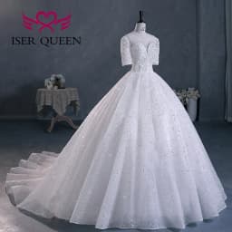 Customized hollow Back Sequin Tulle Luxury Wedding Dresses 2026 Chapel Train Short Sleeves Ivory Champagne Bride Dress WX0293