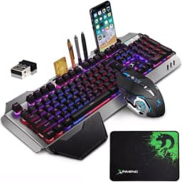 Wireless Gaming Keyboard and Mouse Set Rainbow/RGB Backlit Rechargeable Keyboard and 7 Color Gaming Mute Mouse with Pad