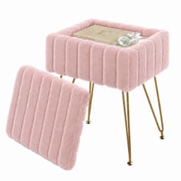 Vanity Stool With Storage, Faux Fur Ottoman With Gold Metal Legs, Soft Padded Makeup Seat Foot Rest For Bedroom Living Room