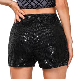 Puloru Sparkly Black Sequins Shorts Women's Summer Glitter Shorts Casual Street Mid Waist Elastic Band Straight Leg Hot Shorts