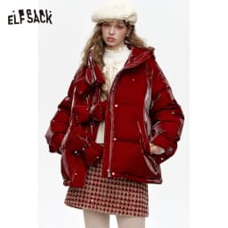 ELFSACK Women's Winter Short down Jacket Hooded Bow Button Detail New Arrival Fashion Outerwear