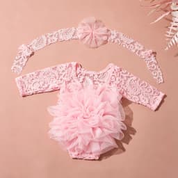 Ylsteed 2 Pieces Set Dusty Pink Newborn Lace Romper for Photo Shooting Fluffy Mesh Lace Photography Outfits with Headband