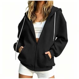 Women Winter Solid Color Pocketed Hooded Long Sleeved Coat Top Zippe Hoodies for Women