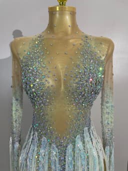 Sexy Mesh See Through Sparkly Rhinestone Tassel Long Sleeves Mini Dress 2026 Women Latin Dance Nightclub Party Club Stage Wear