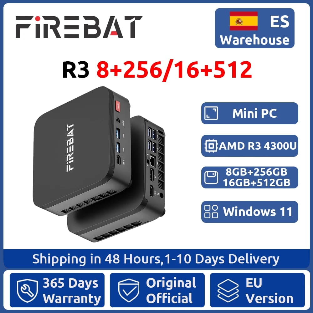 FIREBAT R3 Mini PC AMD Ryzen 3 4300U 8GB/16GB LPDDR4 RAM 256GB/512GB SSD M.2 SATA Windows11 Pro Desktop Computer WiFi6 BT5.2