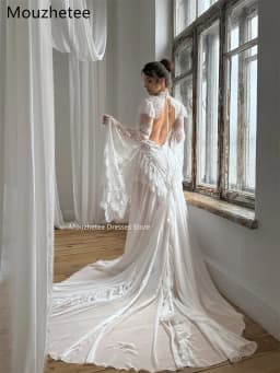 Mouzhetee A-Line Elegant Backless Lace Appliques Wedding Dresses Long Sleeve Brides Gown Custom Made 2026