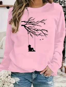 Women's Autumn and Winter Loose Casual Comfortable Tree and Bird Design Printed Velvet Long-Sleeved Round Neck Hoodie Pullover