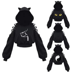Combhasaki Women's Y2K 3D Cat Ear Hooded Pullover Tops Gothic Ribbon Lace-up Hollow Out Shoulder Long Sleeve Cropped Sweatshirts