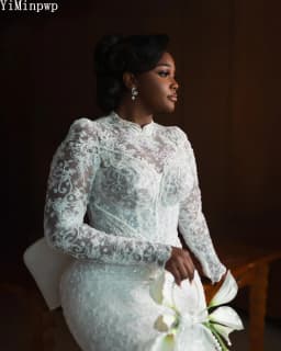 Lace Mermaid Wedding Dresses for Bride Long Sleeves Sweep Train Big Bow Beads Africa Garden Bridal Reception Gowns Customized